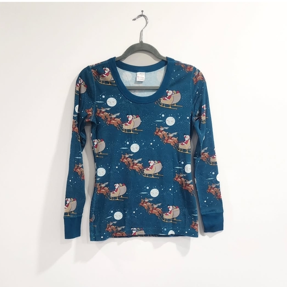Hanna Andersson Santa Sleigh Pj Top Blue Christmas Matching Size SMALL Womens